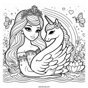 Swan Princess Barbie With Unicorn Coloring Sheet