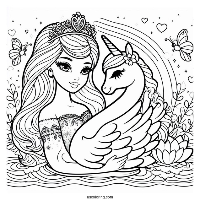 Swan Princess Barbie With Unicorn Coloring Sheet