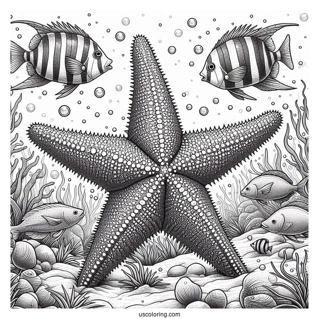 Realistic Starfish Coloring Page On Seafloor With Fishes