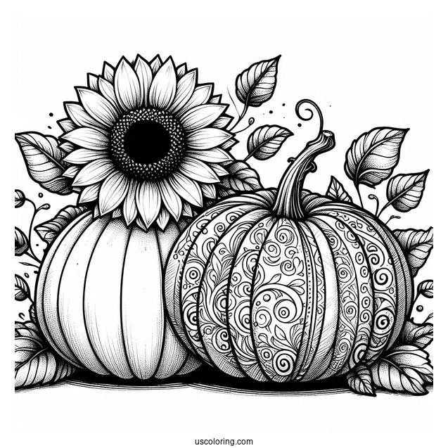 Two Large Pumpkin Coloring Page With Sunflower And Leaves