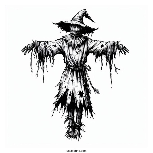 Terrifying Scarecrow Coloring Page With Tattered Clothes