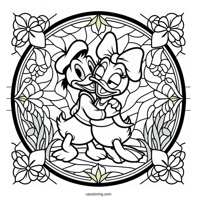 Easy Donald Duck And Daisy Duck Stained Glass Coloring Page For Kids