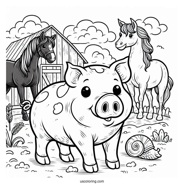 Big Farm Pig With Horse To Color