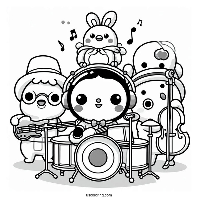 Pororo Coloring Page Playing In A Band With Harry, Crong, Eddy, And Poby
