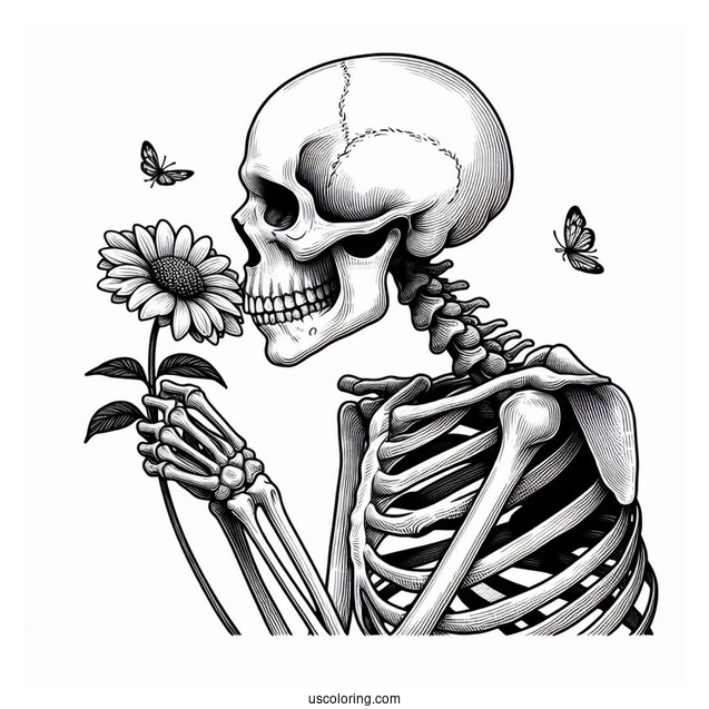 Realistic Skeleton Coloring Page Sniffing Flower