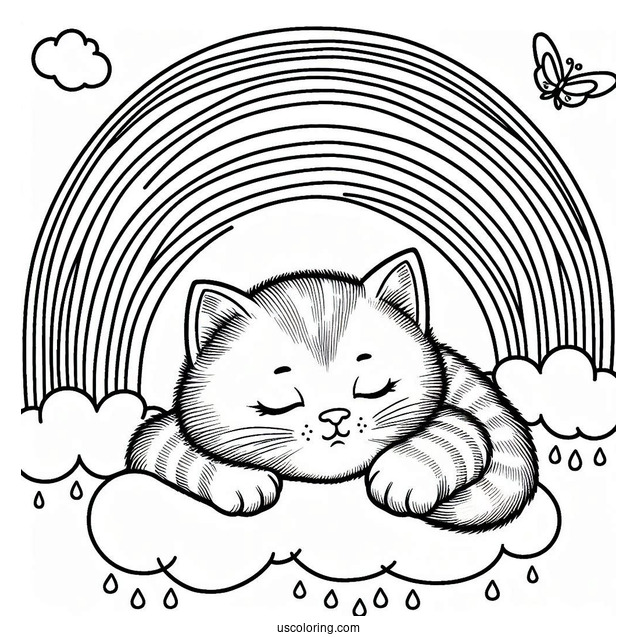 Kitten Sleeping On Top Of A Rainbow Coloring Page For Kids
