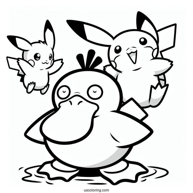 Psyduck Coloring Page With Pikachu Pokemon Poster