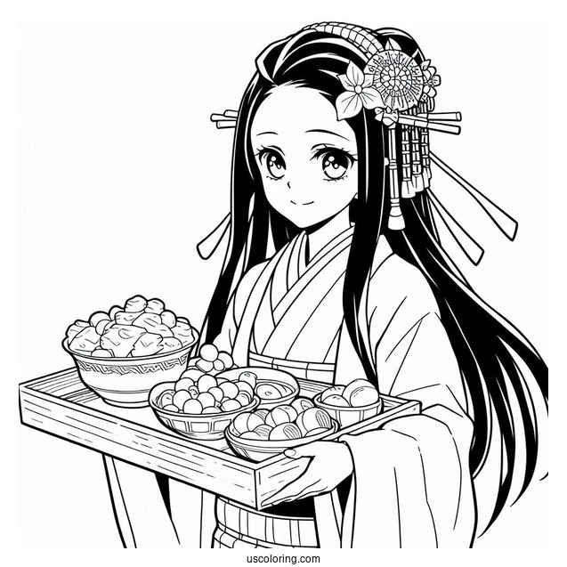 Nezuko Coloring Page And Muichiro Carring Tray Of Food