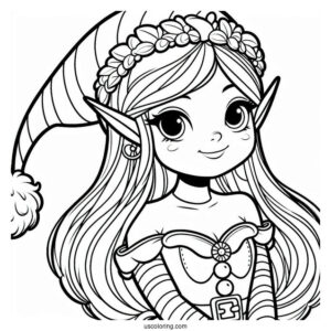 Girl Christmas Elf Coloring Page For Kids