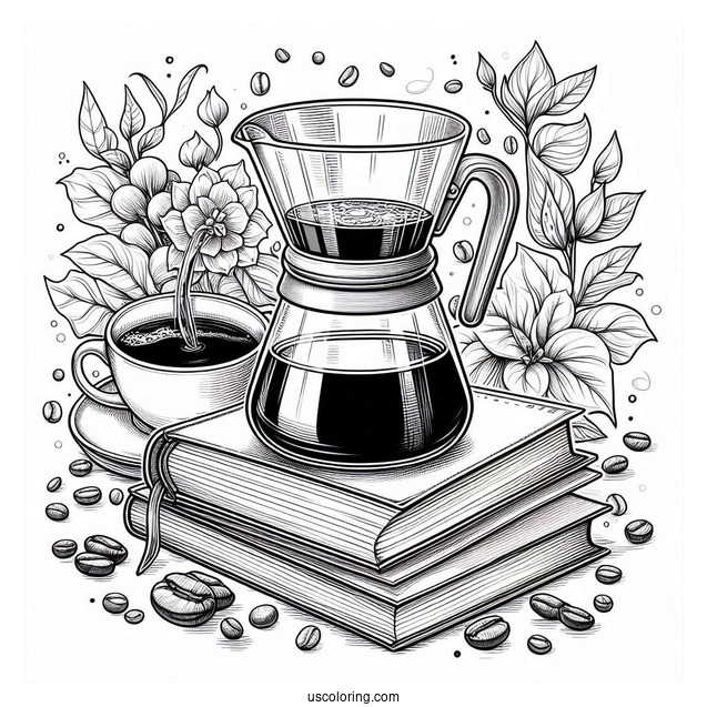 Coffee Coloring Pages Of Freshly Brewed Pour Over Coffee In Front Of Open Book