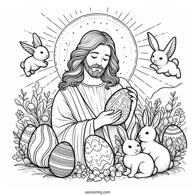 Jesus Holding An Easter Coloring Page Of Egg While Surrounded By Bunnies