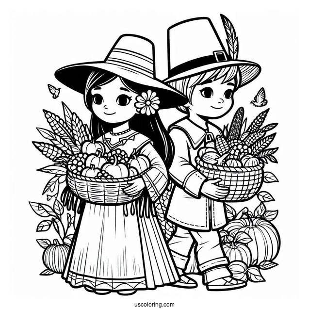 Girl Native American And Boy Pilgrim Coloring Page Carrying Harvest