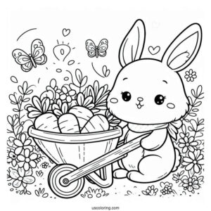 Rabbit In A Wheelbarrow With Carrots In Spring Coloring Sheet For Preschoolers
