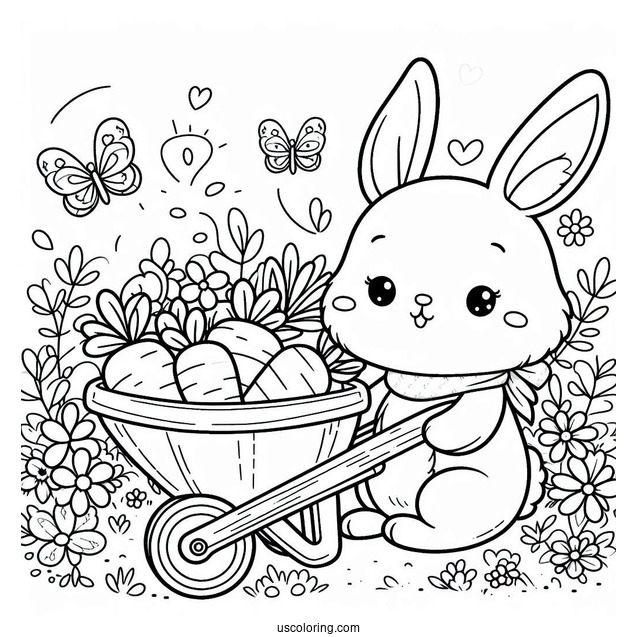 Rabbit In A Wheelbarrow With Carrots In Spring Coloring Sheet For Preschoolers
