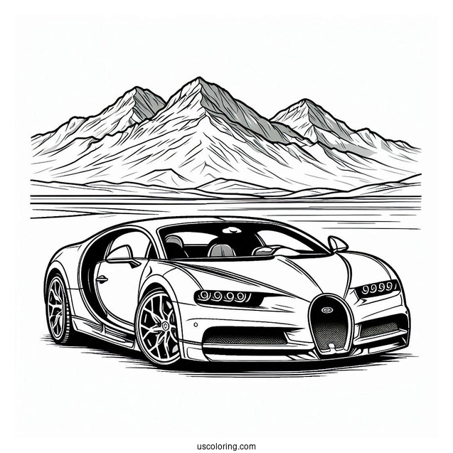 Close Up Of Bugatti Coloring Page Chiron With Mountains In Background