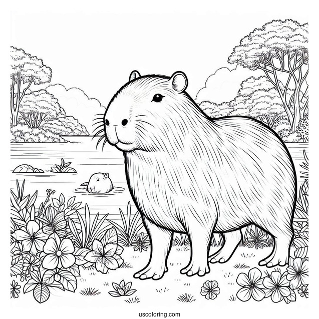 Large Capybara Coloring Page In The Garden