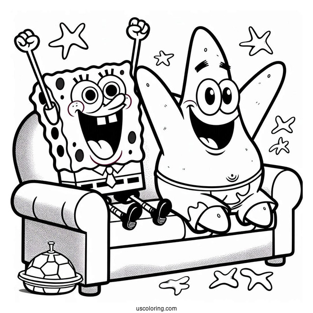 SpongeBob And Patrick Star Coloring Page Cheering On Sofa