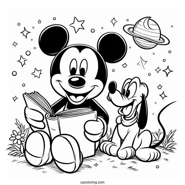 Mickey Mouse Reading A Book To Pluto Coloring Page