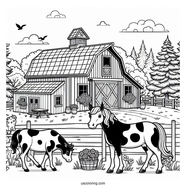 Farm With Horses And Cows To Color