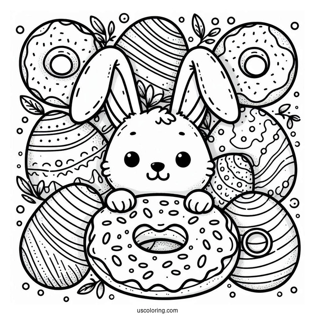 Easter Bunny Donut Coloring Page Surrounded By Eggs
