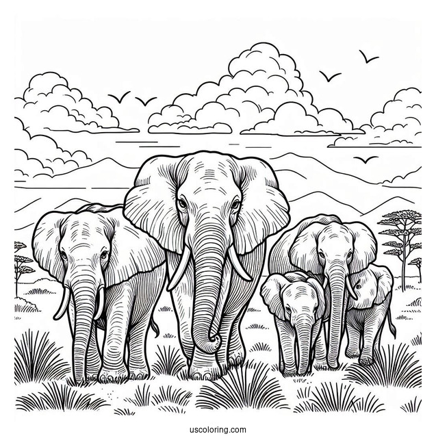 Herd Of Elephants On The Plains Coloring