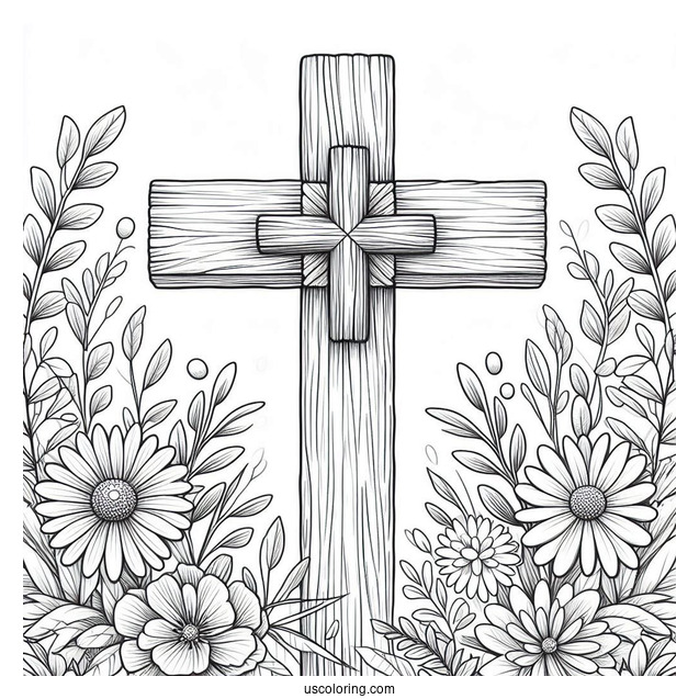 Simple Wooden Cross Coloring Page With Flowers And Leaves Outdoors For Kids