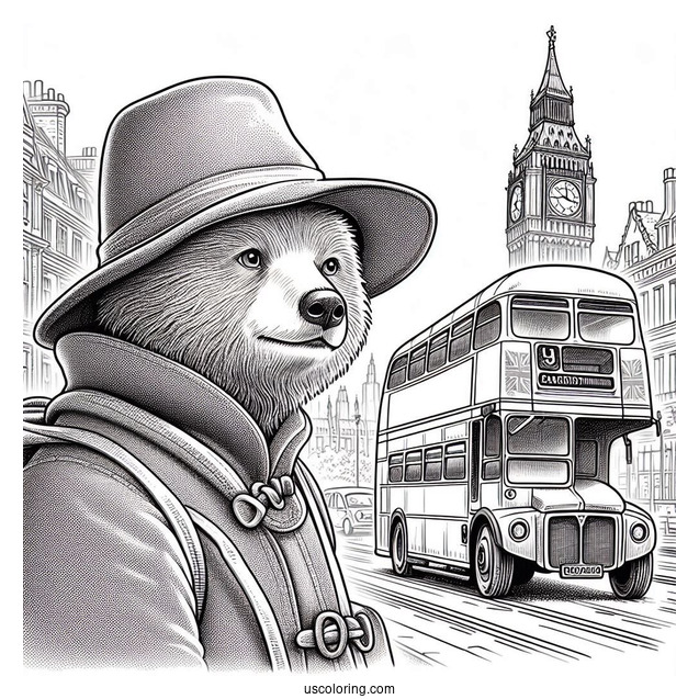 Paddington Coloring Page Bear Staring At A Double Decker In London