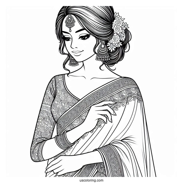 Indian Woman Wearing Elegant Sari Dress Coloring Page