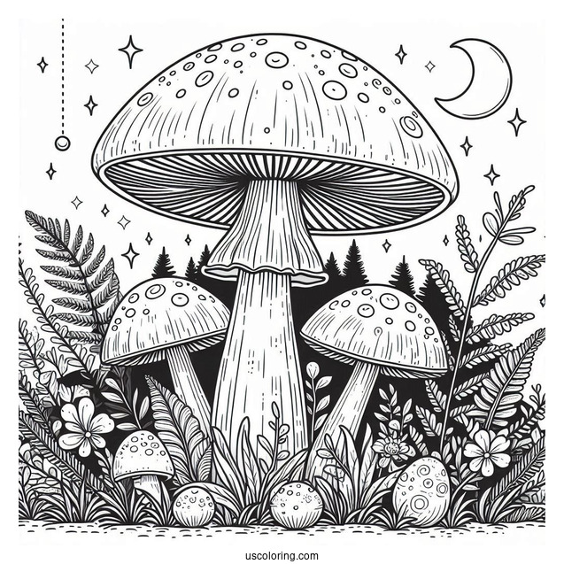 Large Mushroom Coloring Page With Other Plants Under The Night Sky