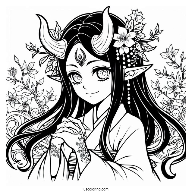 Demon Nezuko Coloring Page With Horn