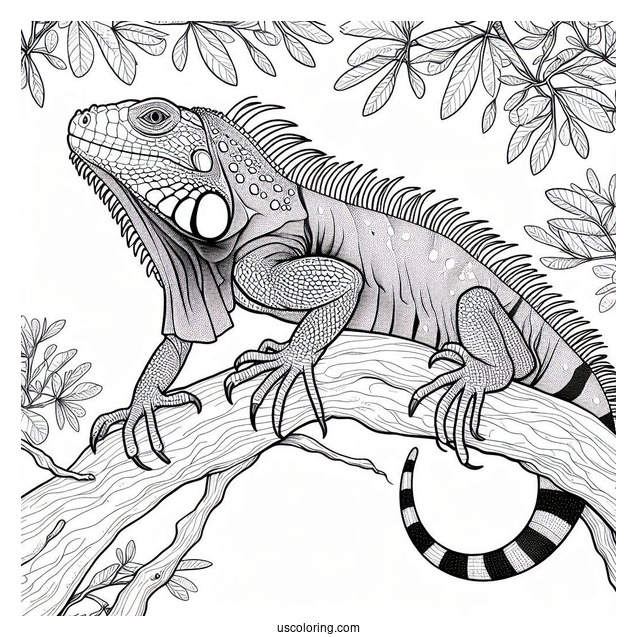Lizard Coloring Page of Iguana With Head Up On Tree Branch