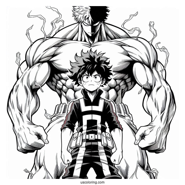 Izuku Midoriya In Front Of Muscular Deku Coloring Page