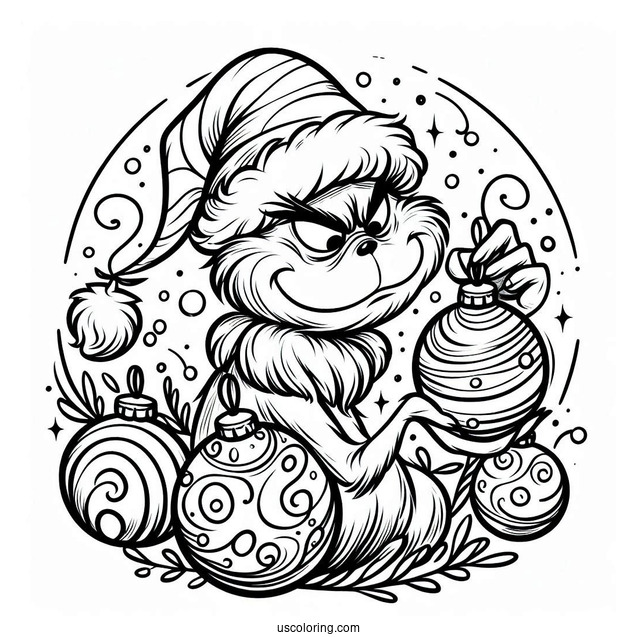 Grinch Holding Bauble Christmas Ornaments Coloring Page For Kids