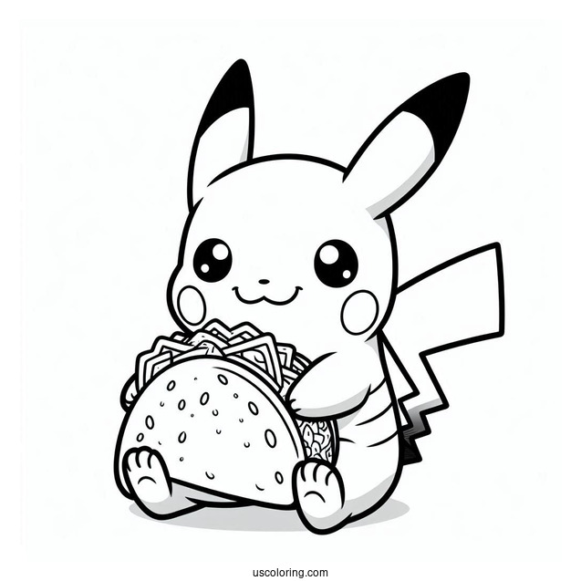 Easy Pikachu Holding A Taco Coloring Sheet For Kids
