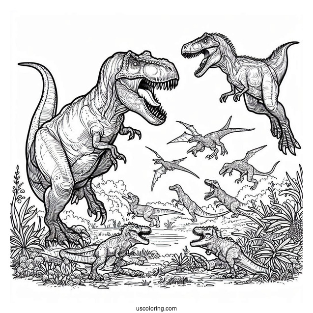 T-Rex Dinosaurs Fighting Velociraptors To Color