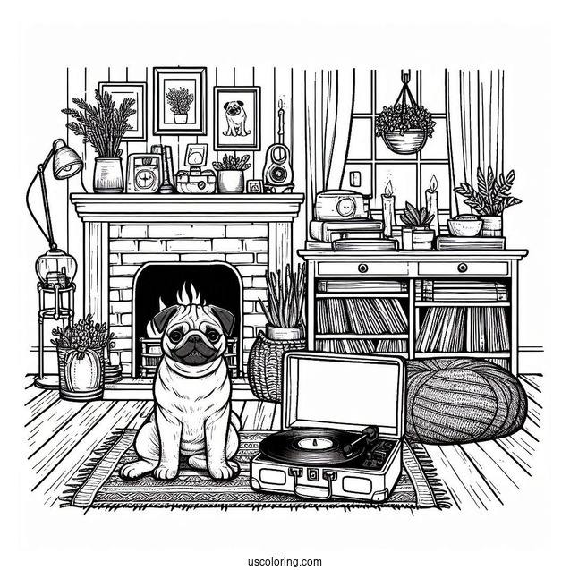 Cozy Home Scene with Pug Coloring Page and Vinyl Player