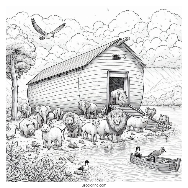 Noah's Ark Coloring Page Of Realistic Animals Outside The Ark After The Flood