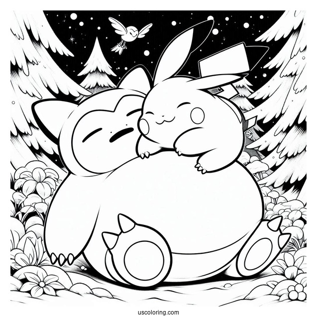 Pikachu Sleeping On Top Of Snorlax Coloring Page In Winter