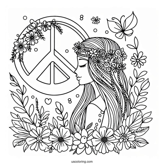 Peace Coloring Page Word And Symbol With Woman And Flowers