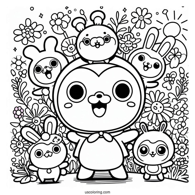 Pororo Coloring Page Surrounded By Poby, Harry, Rody, Eddy, Loopy, Petty, Crong, And Tongtong For Kids