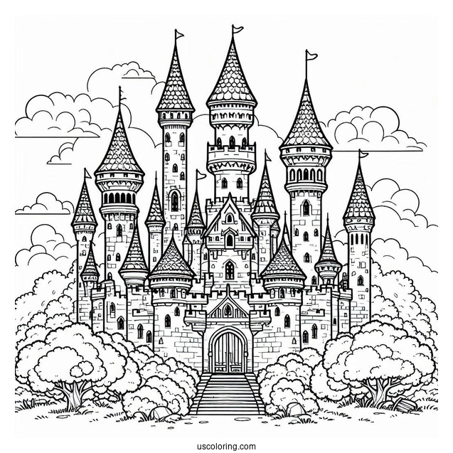 Massive Castle Coloring Page With Towers In The Corner