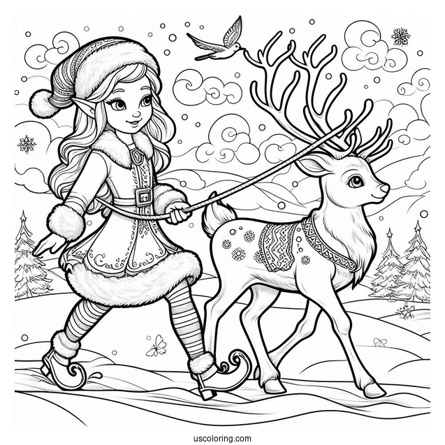Elf Leading A Reindeer In The North Pole Coloring Page For Kids