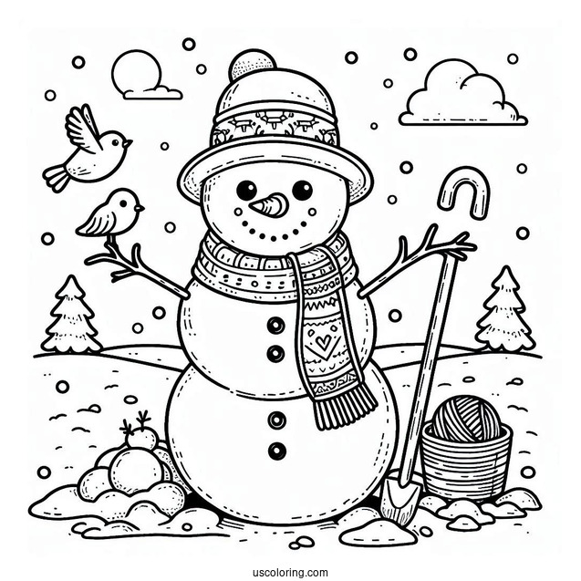 Snowman With Dig And Bird To Color