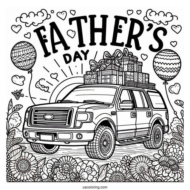 Father's Day Coloring Page Of Words Above A Car