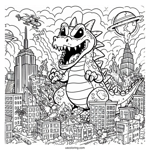 Rugrats Coloring Page Of Scary Reptar Destroying City