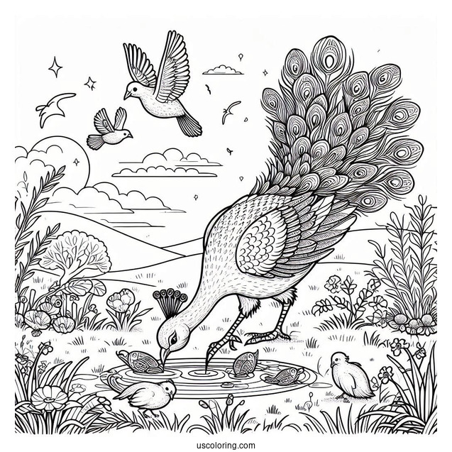 Peacock Finding Food In Meadow