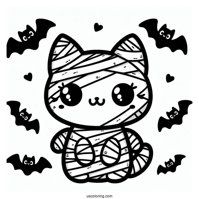 Kawaii Cat Mummy Coloring Page With Bats For Preschoolers