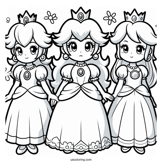 Easy Princess Peach, Rosalina, And Princess Daisy Coloring Page For Kids