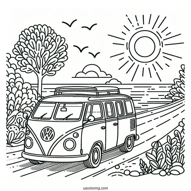 Volkswagen Driving Through A Beach In Summer Coloring Page