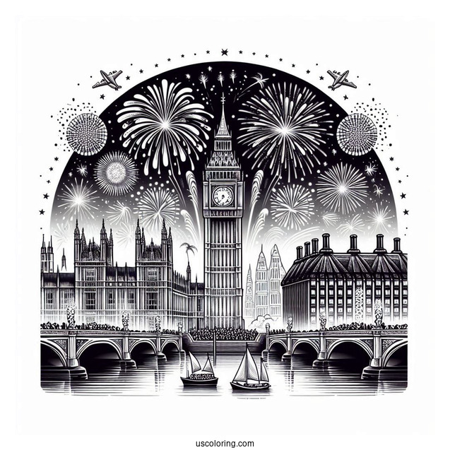 Classy New Year Coloring Page Of Celebration In London With Fireworks Behind The Big Ben